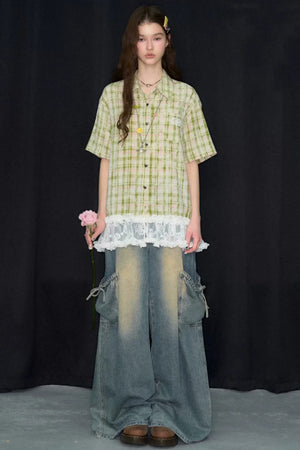 Green Plaid Lace Hem Shirt