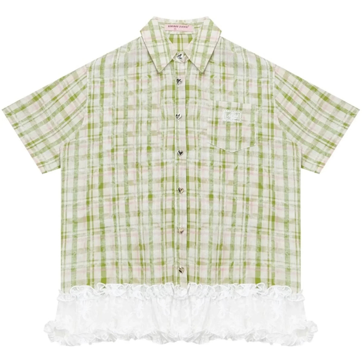 Green Plaid Lace Hem Shirt