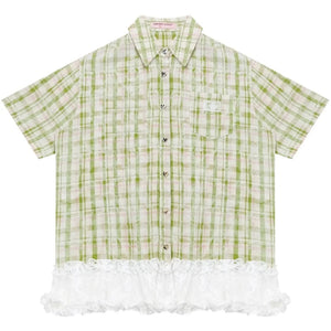 Green Plaid Lace Hem Shirt