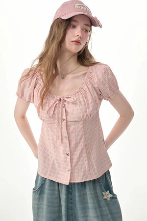 Green Plaid Puff Sleeve Button Front Top
