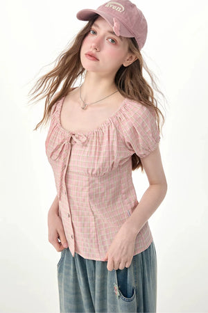 Green Plaid Puff Sleeve Button Front Top