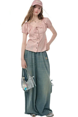 Green Plaid Puff Sleeve Button Front Top
