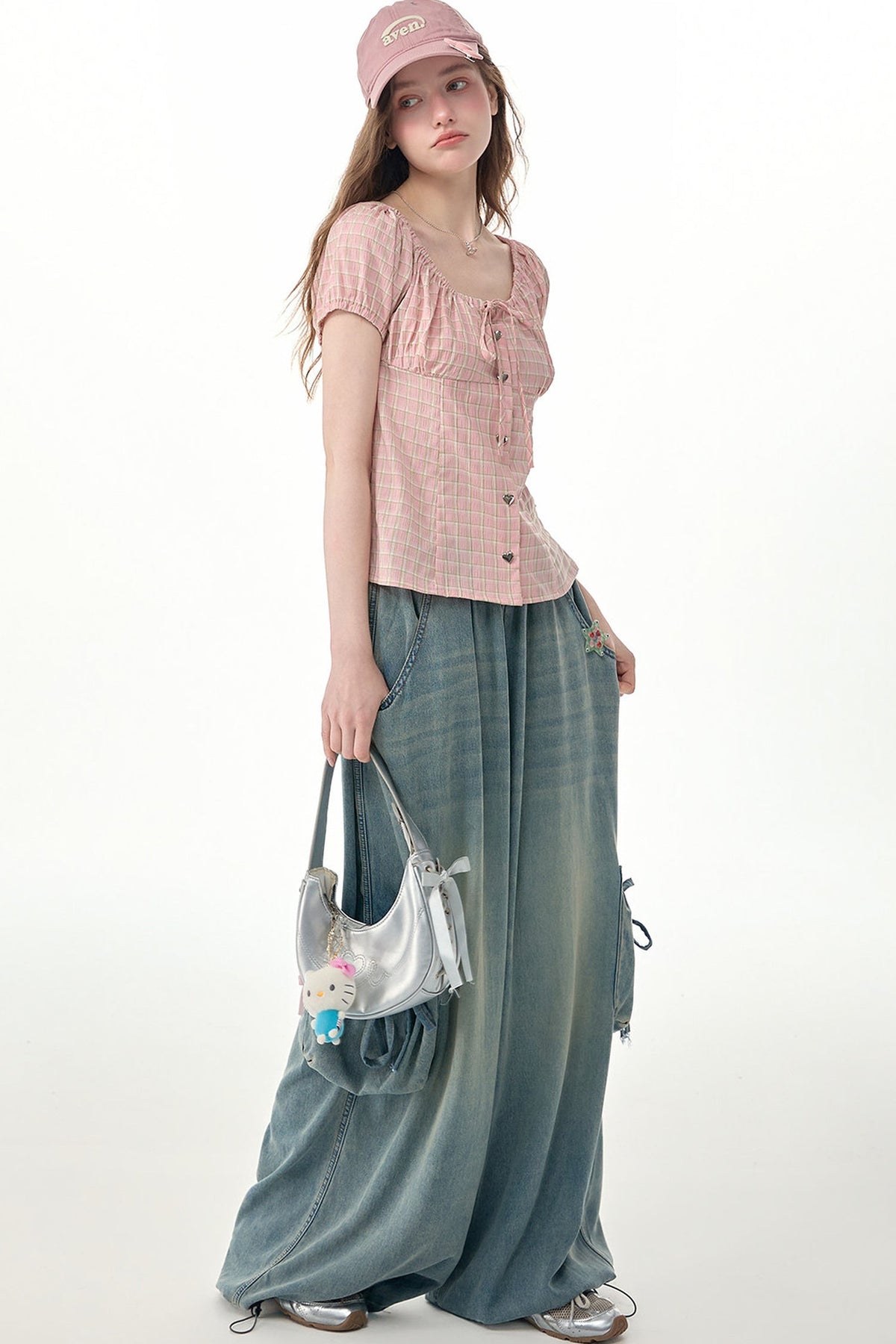 Green Plaid Puff Sleeve Button Front Top