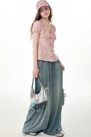 Green Plaid Puff Sleeve Button Front Top