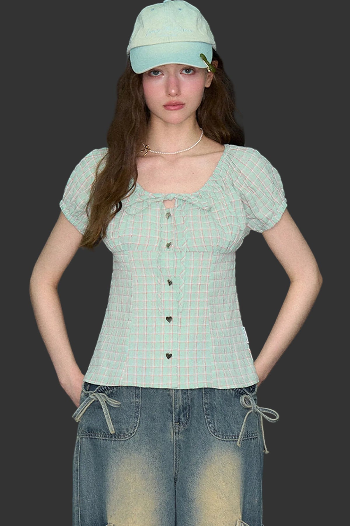 Green Plaid Puff Sleeve Button Front Top