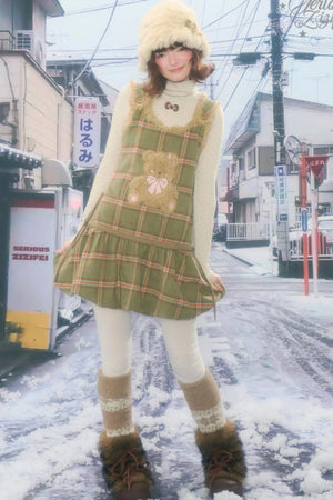 Green Plaid Teddy Vest Dress