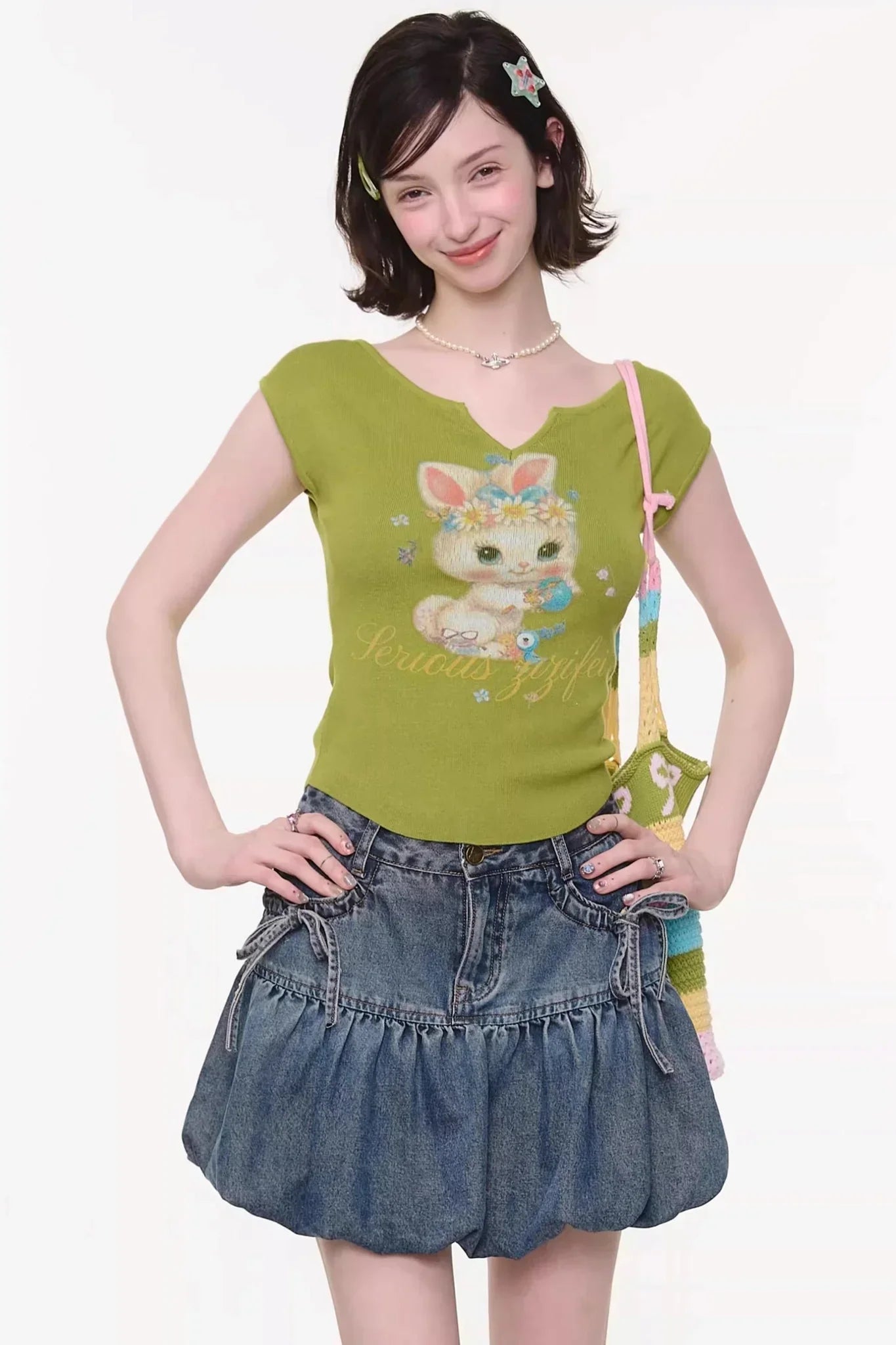 Green Rabbit Print Top