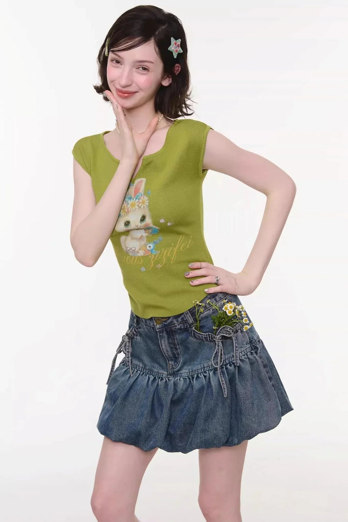 Green Rabbit Print Top