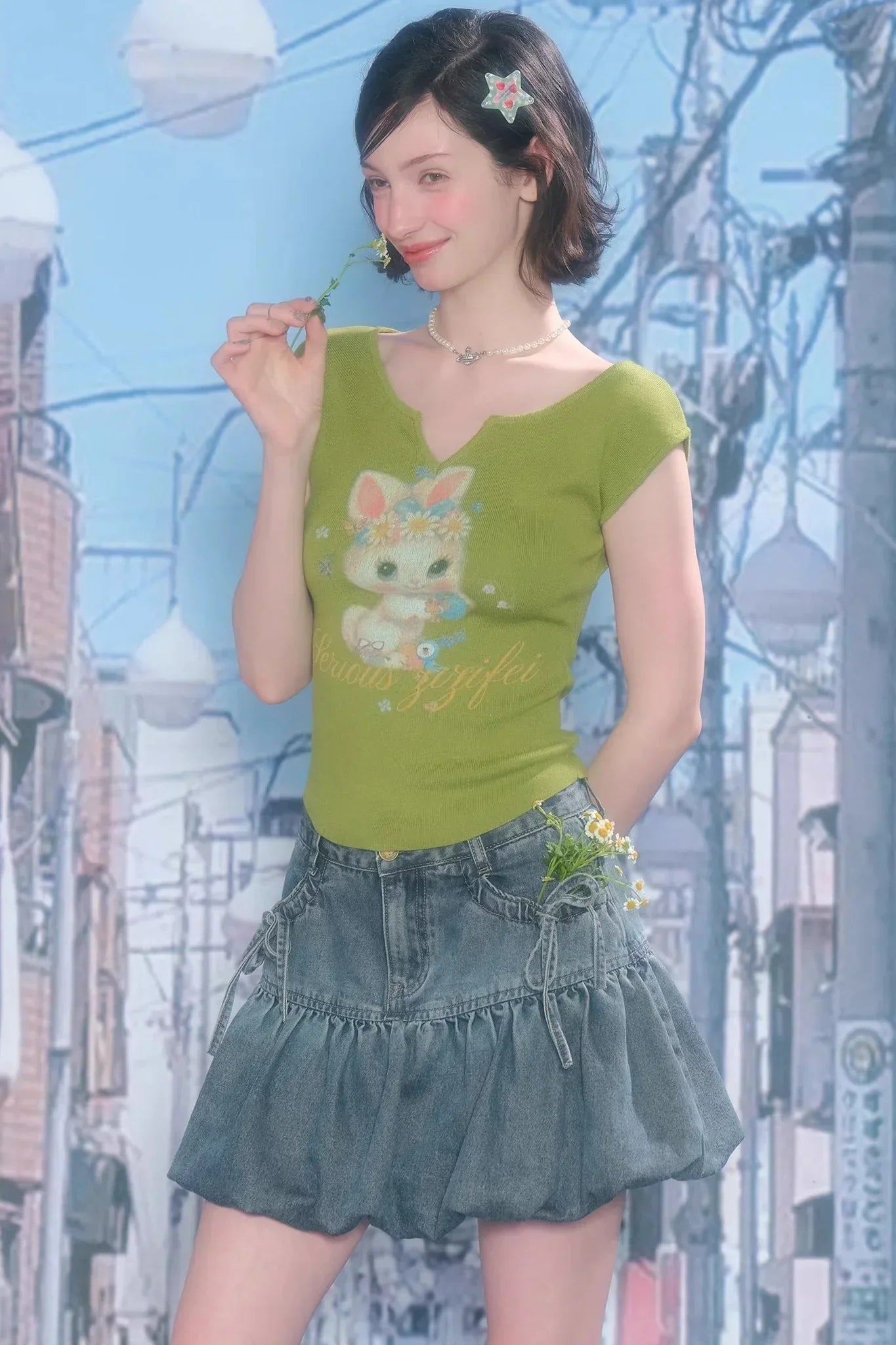 Green Rabbit Print Top