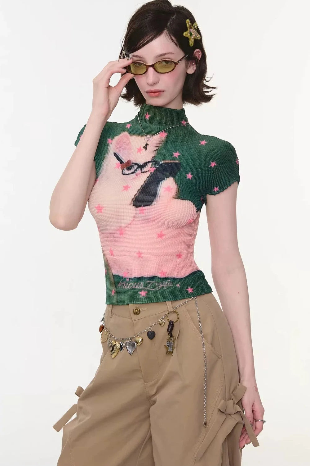 Green Star Cat Print Blouse