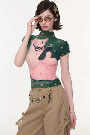 Green Star Cat Print Blouse