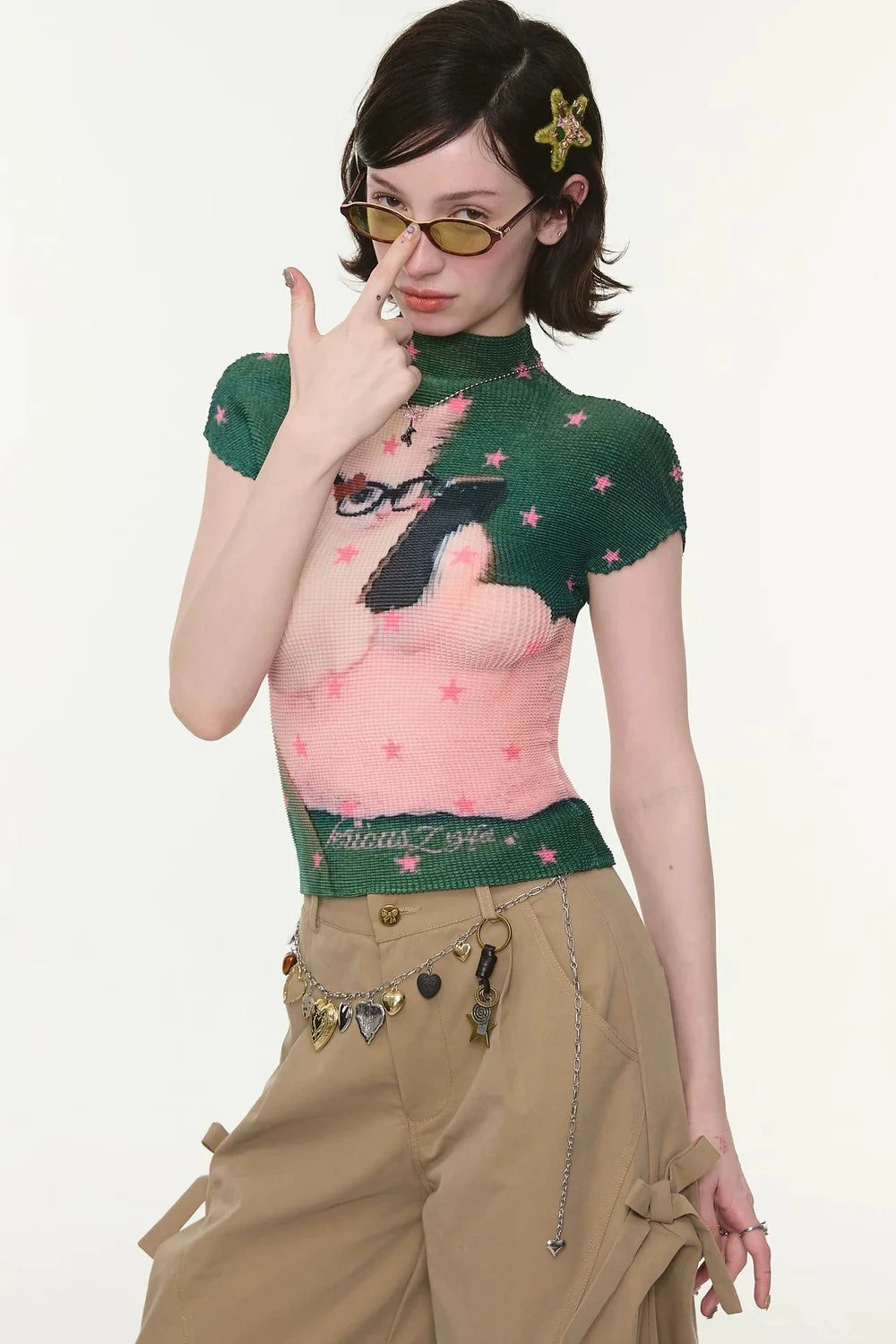 Green Star Cat Print Blouse