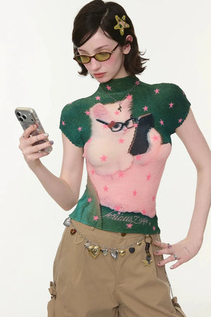 Green Star Cat Print Blouse