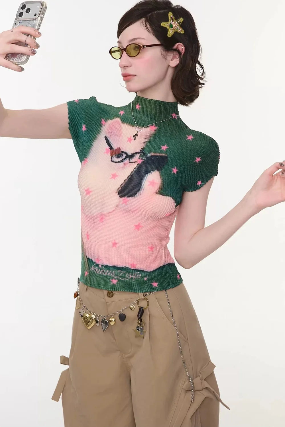 Green Star Cat Print Blouse