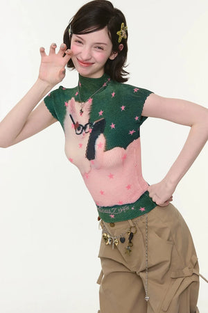 Green Star Cat Print Blouse