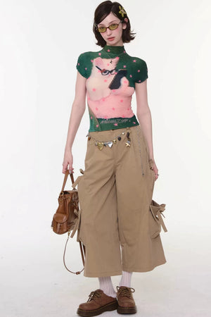 Green Star Cat Print Blouse