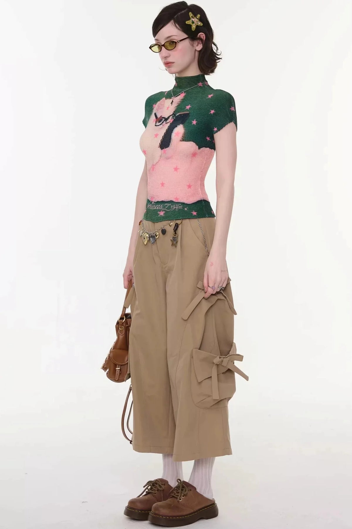 Green Star Cat Print Blouse