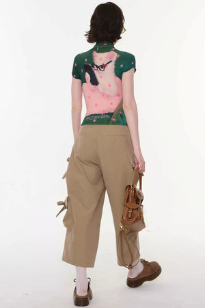Green Star Cat Print Blouse
