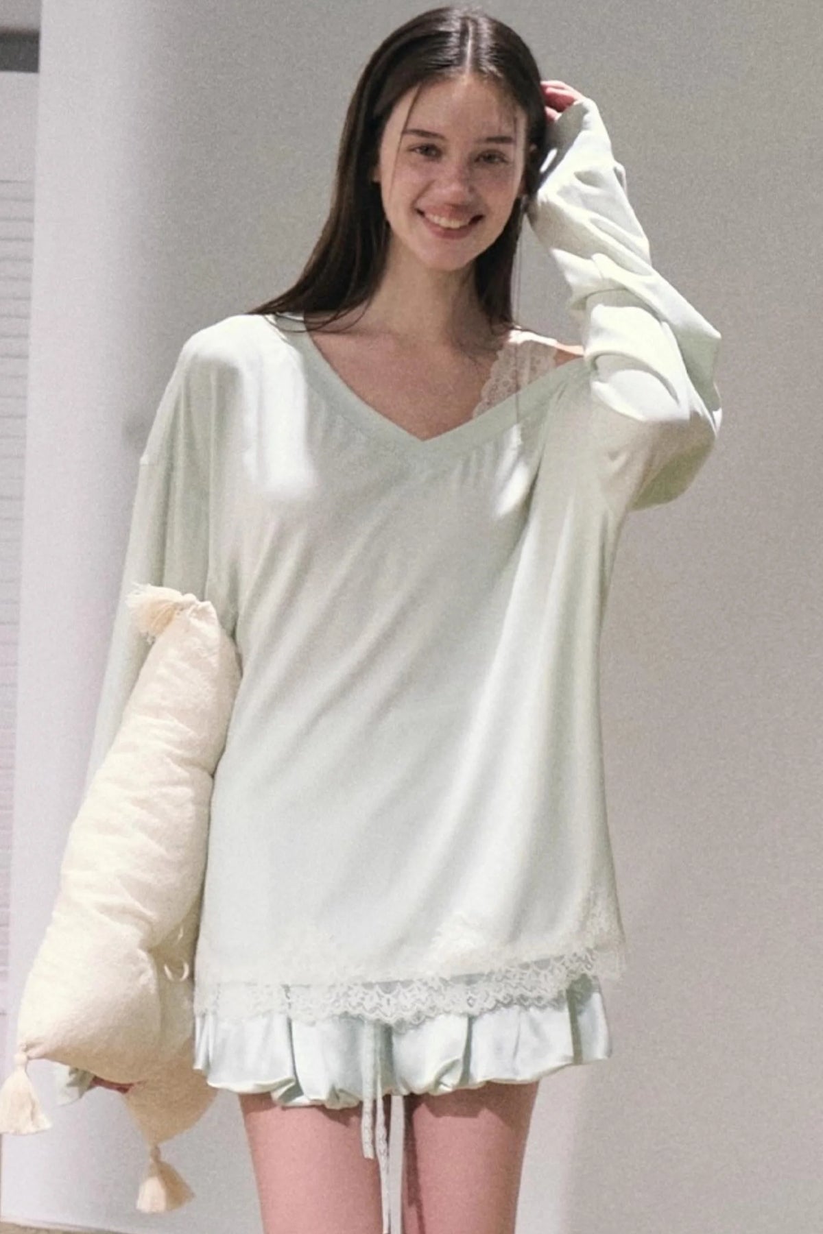 Greenery Lace Slanted Pullover Sweatshirt