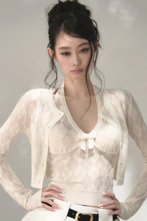Grey Argyle Knit Cardigan With Camisole Set-Up