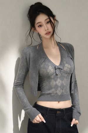 Grey Argyle Knit Cardigan With Camisole Set-Up