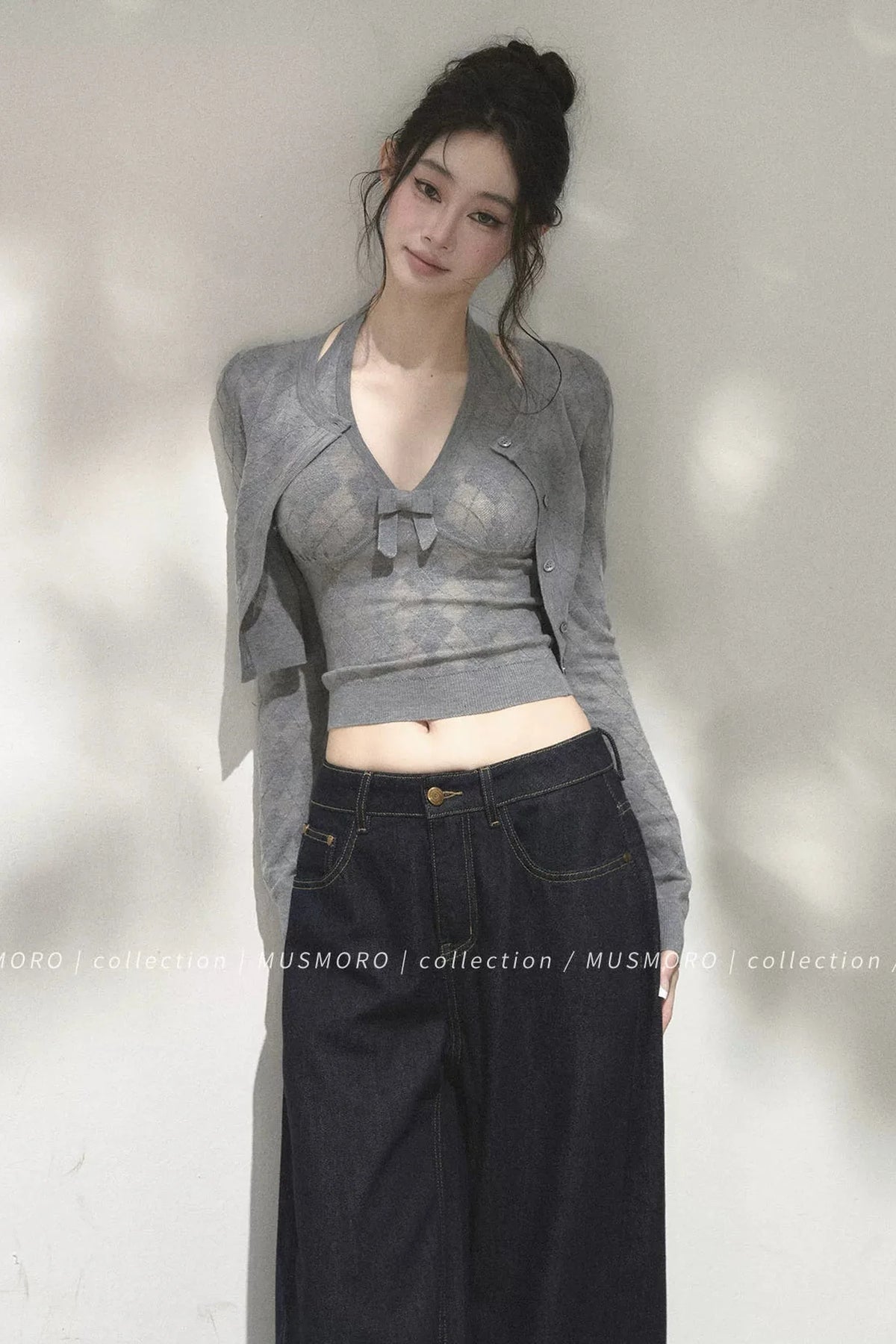 Grey Argyle Knit Cardigan With Camisole Set-Up