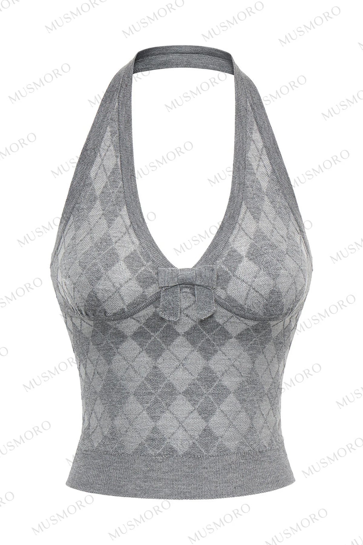 Grey Argyle Knit Cardigan With Camisole Set-Up