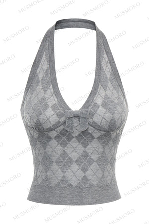 Grey Argyle Knit Cardigan With Camisole Set-Up