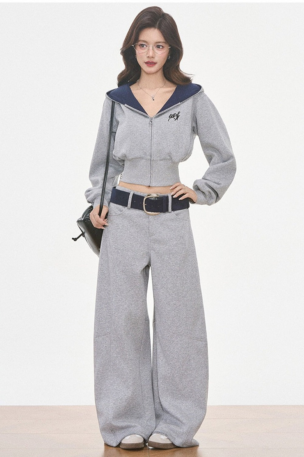 Grey Hooded Sweatshirt and Wide-Leg Pants Set
