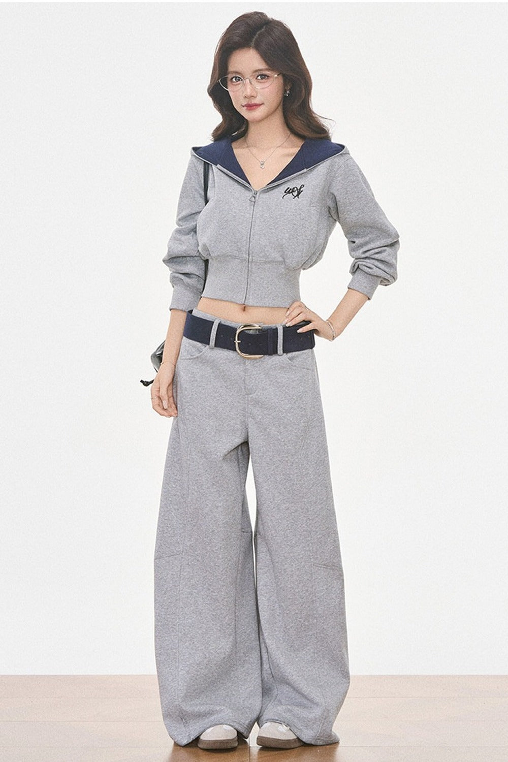 Grey Hooded Sweatshirt and Wide-Leg Pants Set