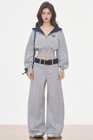 Grey Hooded Sweatshirt and Wide-Leg Pants Set