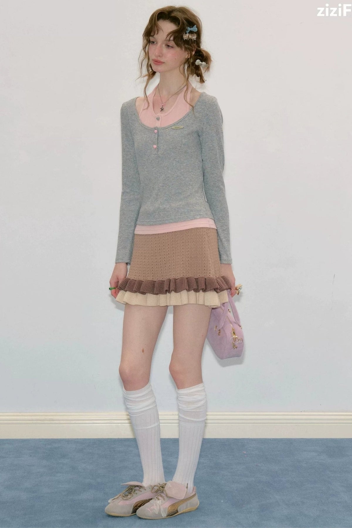 Grey Long Sleeve Halter Knit Top