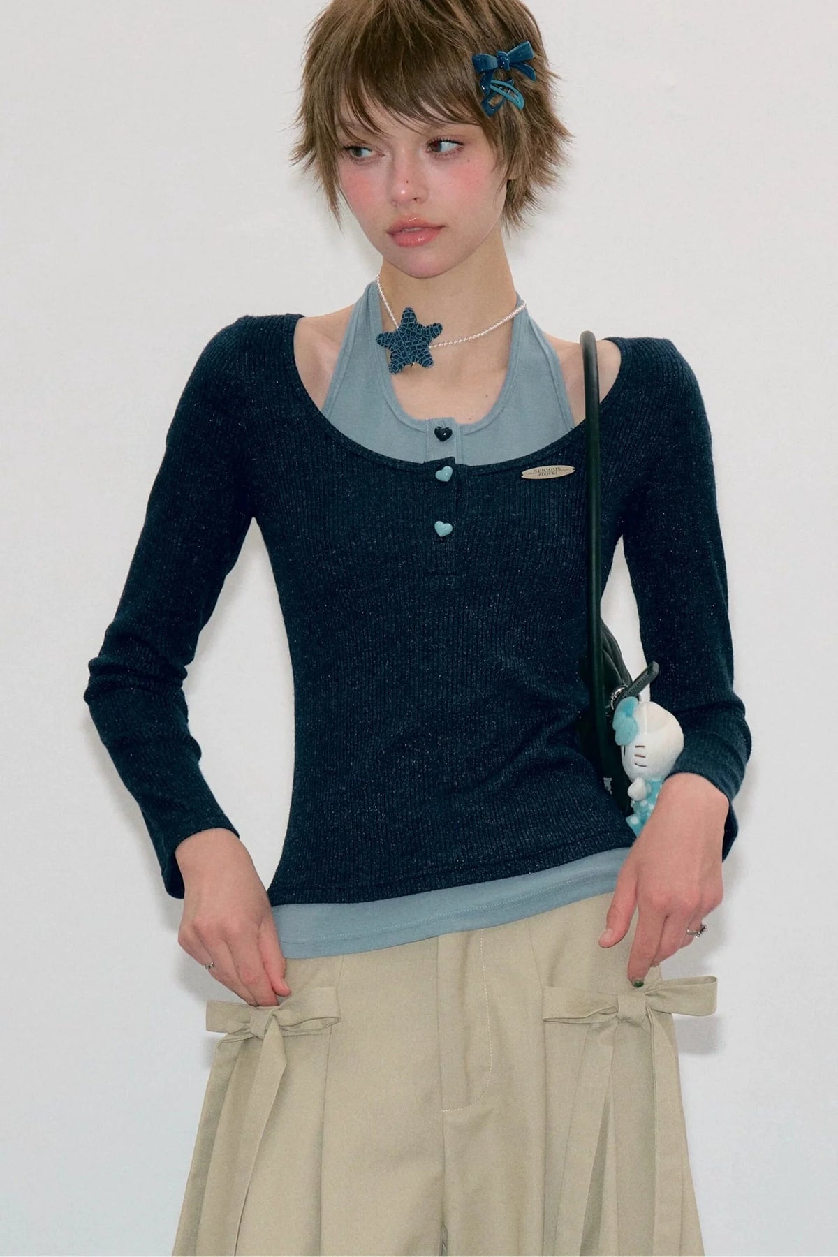 Grey Long Sleeve Halter Knit Top