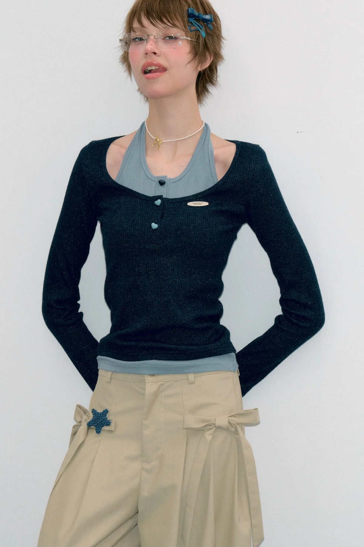 Grey Long Sleeve Halter Knit Top