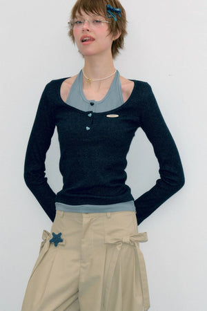 Grey Long Sleeve Halter Knit Top