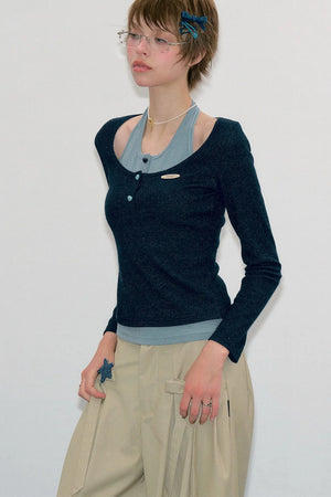 Grey Long Sleeve Halter Knit Top