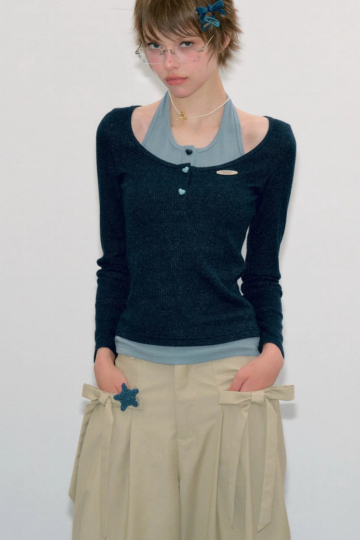 Grey Long Sleeve Halter Knit Top