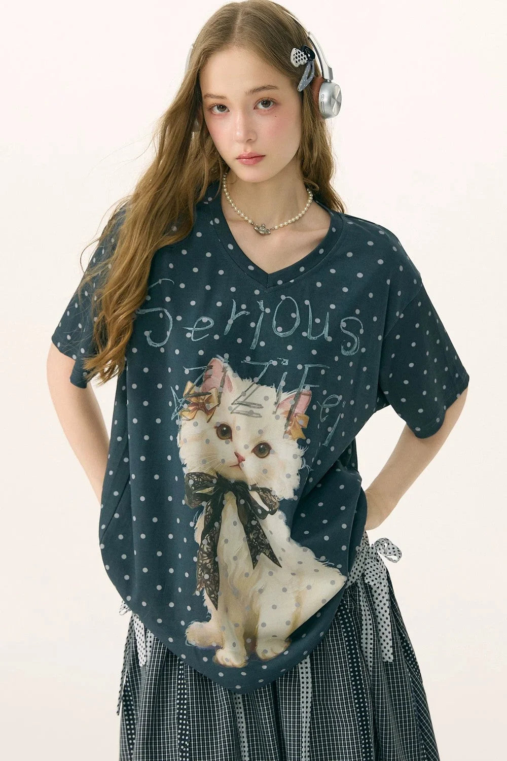 Grey Polka Dot Cat V-Neck Top