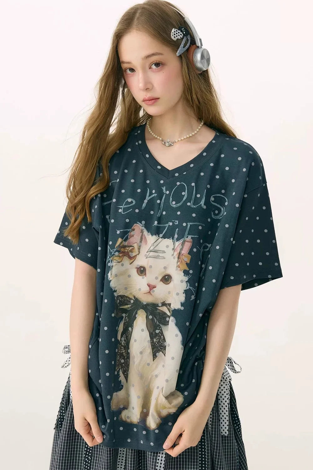 Grey Polka Dot Cat V-Neck Top