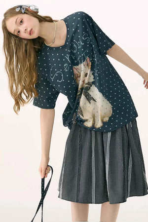 Grey Polka Dot Cat V-Neck Top