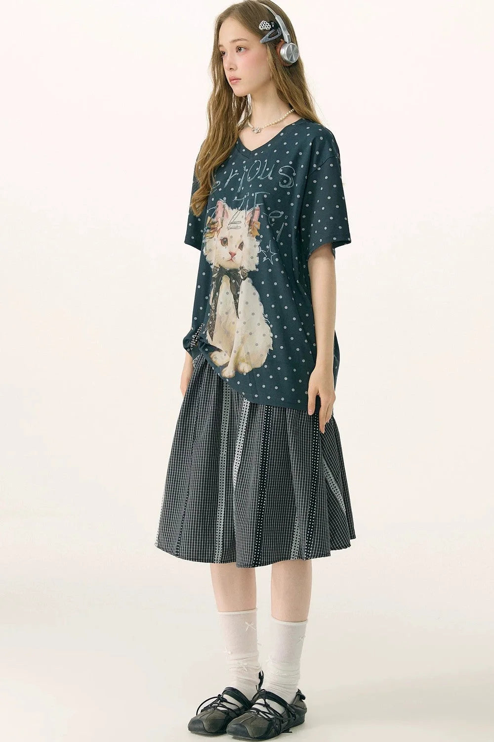 Grey Polka Dot Cat V-Neck Top