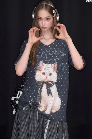 Grey Polka Dot Cat V-Neck Top