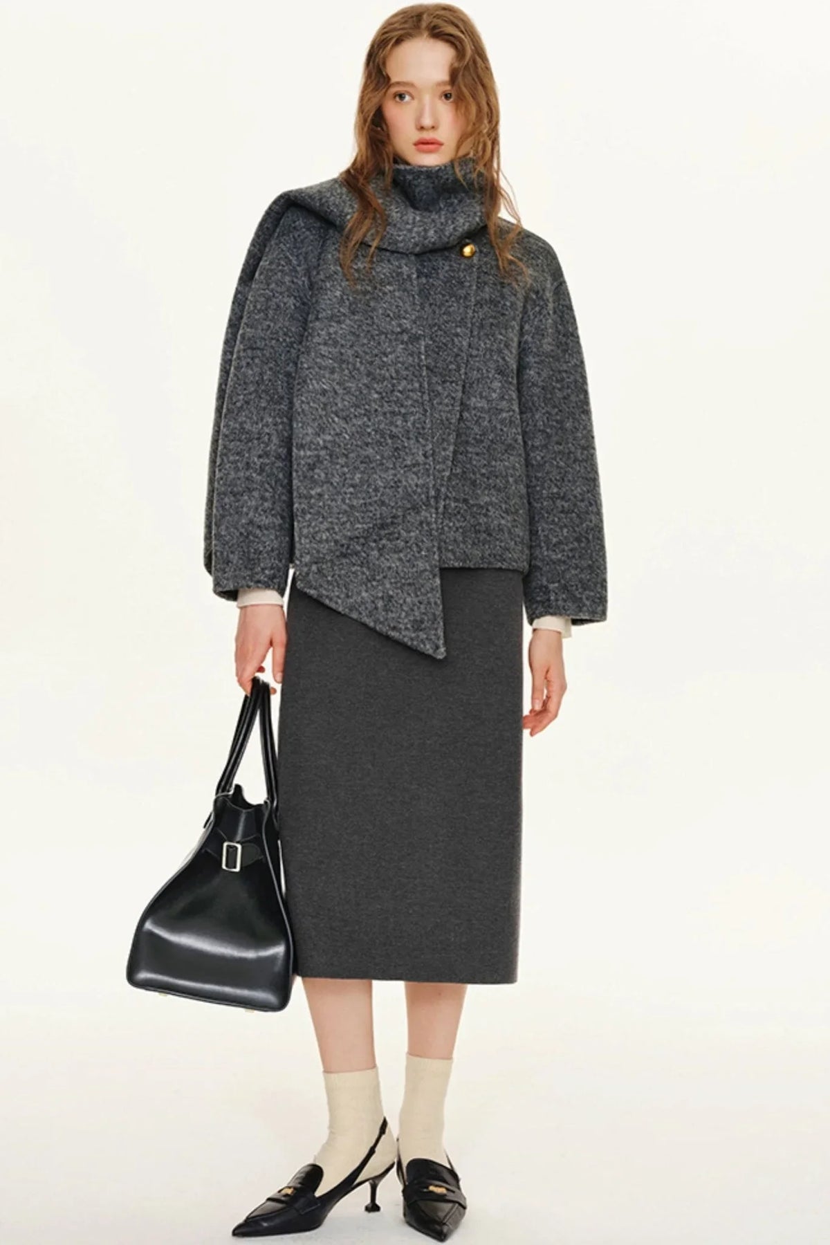 Grey Wool Coat With Scarf Set
