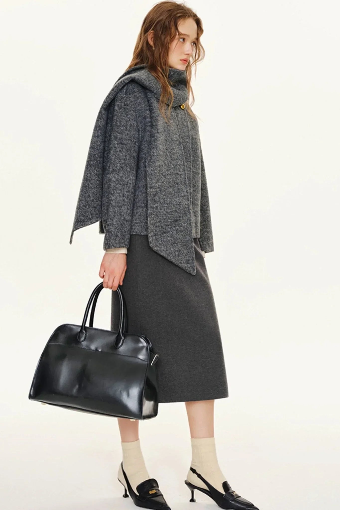 Grey Wool Coat With Scarf Set