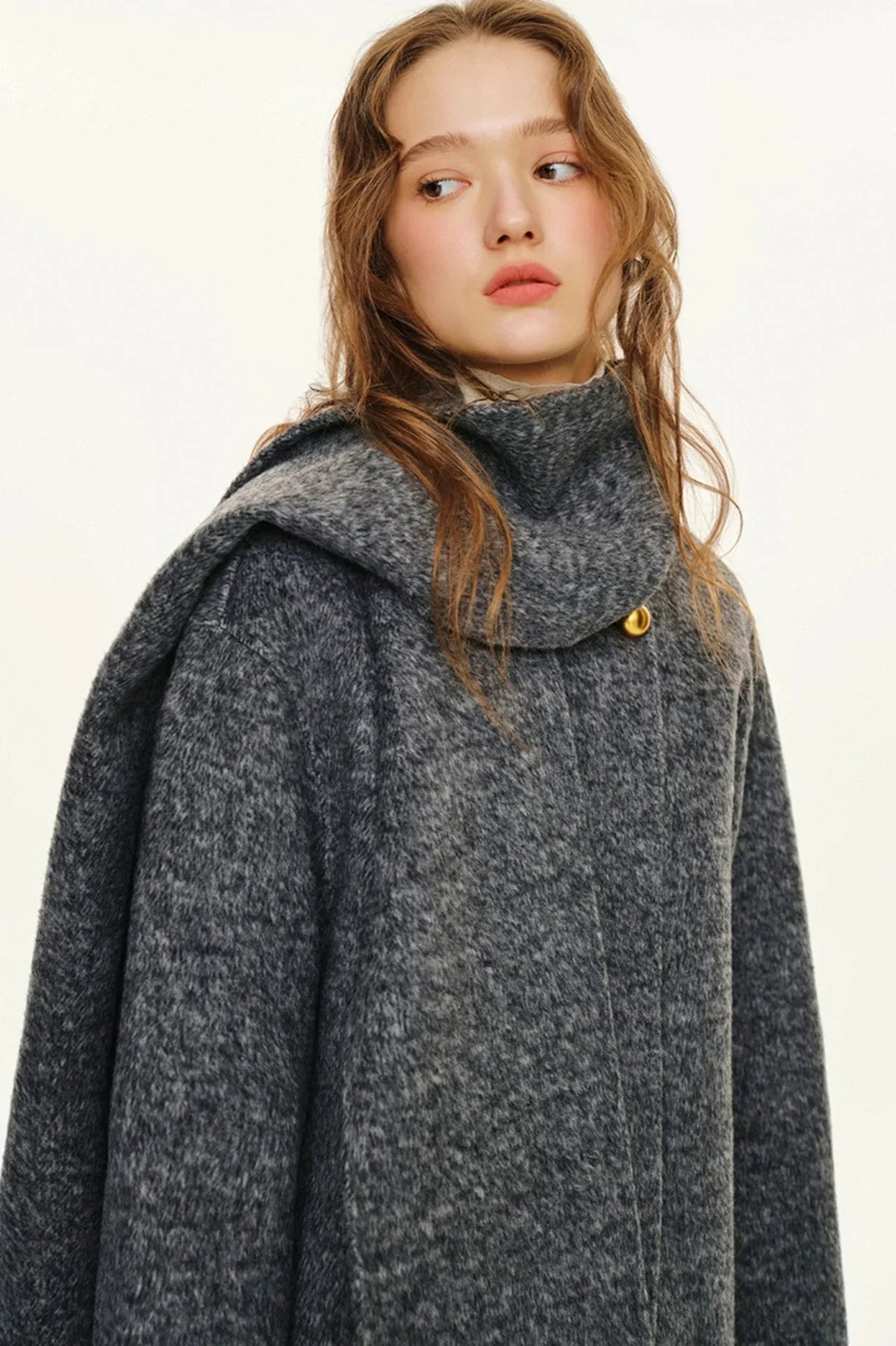 Grey Wool Coat With Scarf Set