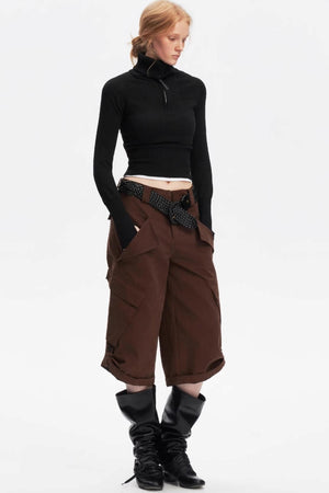 Half-Turtleneck Zip-Up Knitted Design Top