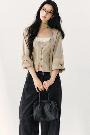 Halter Neck Ribbon Patchwork Long Sleeve Top
