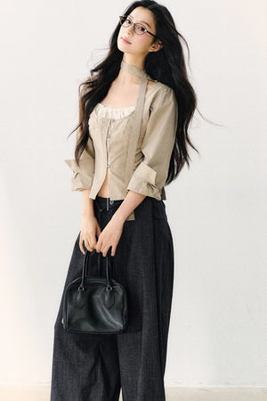Halter Neck Ribbon Patchwork Long Sleeve Top