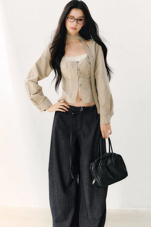 Halter Neck Ribbon Patchwork Long Sleeve Top