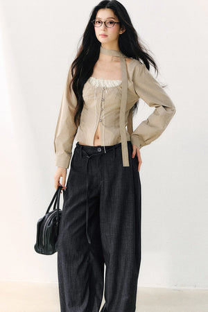 Halter Neck Ribbon Patchwork Long Sleeve Top
